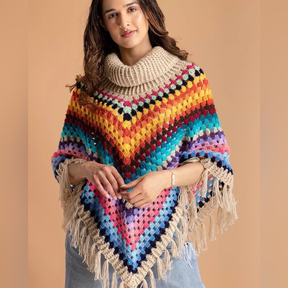 SAACHI Earth To Sky Rainbow Stripe Crochet Turtleneck Poncho | Fringe | One Size